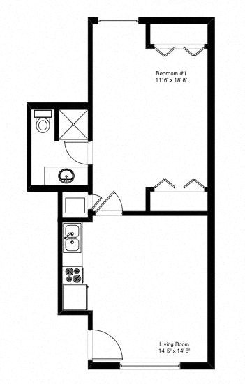 Floor plan for 1 bed, 1 bath, 523 sqft